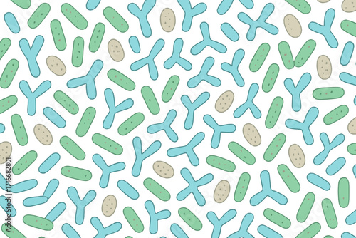 Microbiome seamless pattern with probiotic bacteria. Gut flora background concept. Lactobacillus, bifidobacteria, acidophilus. Healthy digestion. Prebiotic. Gut health cartoon.