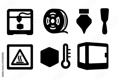 3D printing technology icon set. Black silhouette vector icons of essentials like printer, filament, nozzle, spatula, heatbed, cube, and enclosure for additive manufacturing.