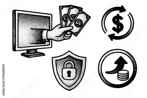Safe online payments halftone collage with computer hand holding money, secure financial transactions, currency exchange concept, investment growth symbols, digital money transfer