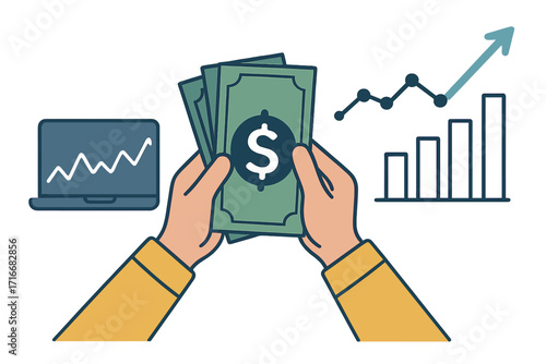 Online trading and investment concept. Hands holding money with financial graph on laptop screen. Business profit and success. Minimalist vector illustration for finance banner.