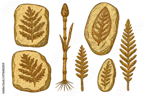 Prehistoric plants fossils set. Ancient fern flora in engraving style. Paleontology leaf print on rock. Calamites fossil illustration. Archeology vector sketch. Vintage biology.