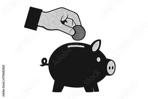 Hand putting coin in piggy bank. Saving money for the future, investment, retirement. Financial concept of budgeting, economy, wealth. Banking metaphor vector illustration.