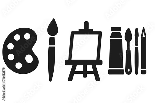 Art supplies icons set. Vector artist tools silhouettes collection. Palette, paintbrush, easel, paint tube, knife, pencil. For drawing, painting, fine art, creative hobby.