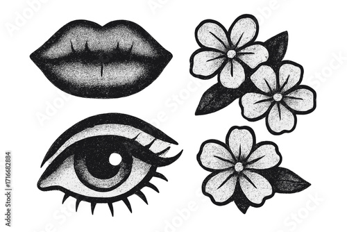 Trendy female lips, eye, and floral elements with Y2K grunge retro photocopy effect, vintage style vector illustrations, stippling and grain texture, brutal dotted art set for design