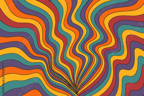 Groovy op-art trippy background with warped lines. Psychedelic 60s 70s style vector illustration. Abstract retro pattern with optical illusion waves for hippie funk poster.
