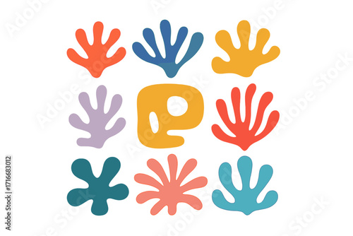 Matisse inspired abstract coral shapes. Naive geometric composition with childish organic art. Underwater world in doodle minimal style. Vector simple hand drawn cutout forms.
