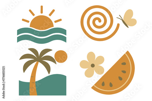 Typographic poster design with minimalist vintage shapes summer theme, retro palm tree, sun, waves, spiral, butterfly, flower, watermelon slice for creative banners and festival covers
