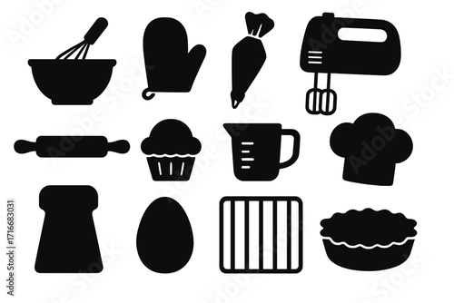 Baking tools silhouette icon set for bakery and kitchen. Vector illustration of cooking equipment like mixer, whisk, rolling pin, cupcake, pie, and chef hat for pastry design.
