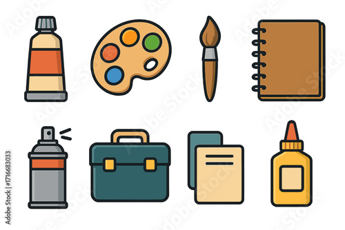 Art supplies vector icon set. Includes paint tube, palette, brush, notebook, spray can, artist case, paper, and glue. Cartoon illustration for school, hobby, craft, and creativity.