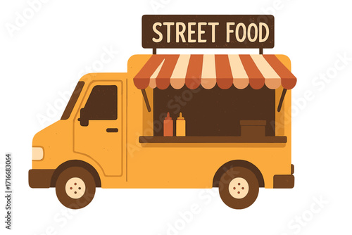 Street food truck vector illustration. Yellow food van with awning for fast food festival or market. Mobile kitchen for takeaway. Small business concept on wheels. Cartoon eatery.