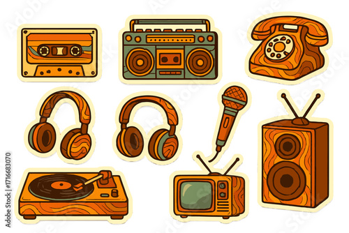 Retro groovy sticker set with 70s and 80s vintage electronics. Nostalgic collection of cartoon icons: cassette, boombox, turntable, old TV, phone, microphone, headphones.