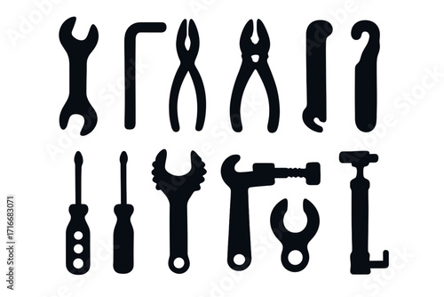 Bike repair tools silhouette icons set for bicycle maintenance. Vector illustration of a workshop equipment kit for cycle service. Mechanic instrument collection for fixing.