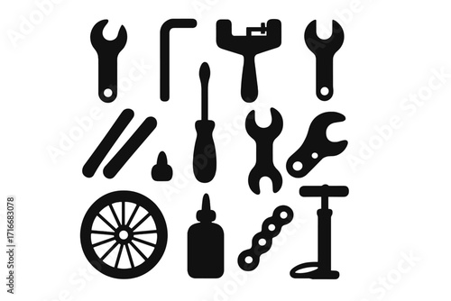 Bike repair tools silhouette icons set. Bicycle maintenance and service elements. Vector workshop equipment for cycling. Wrench, pump, chain, wheel and screwdriver symbols.