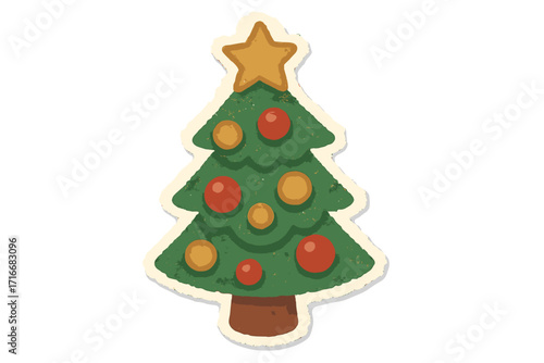 Vintage Christmas tree torn paper sticker. Retro holiday decoration in a naive, cartoon collage style. Festive handmade craft element. Vector graphic for greeting cards.