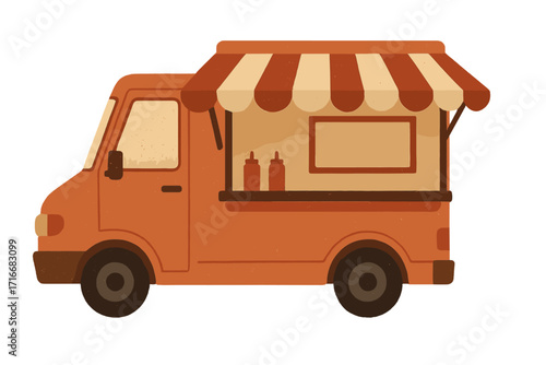 Opened street food truck with awning. Flat vector illustration isolated. Mobile kitchen for festival market. Retro van for fast food takeaway. Cafe, restaurant, small business.