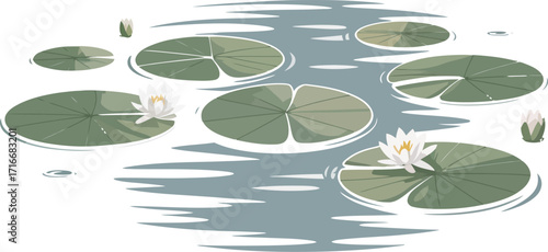 Lily Pads and Flowers Illustration with Water Ripple Effect Isolated on Transparent Vector