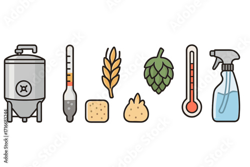 Beer brewing equipment icon set for homebrewing. Craft beer ingredients and process elements. Fermenter, hydrometer, yeast, grain, hops, thermometer, and sanitizer icons.