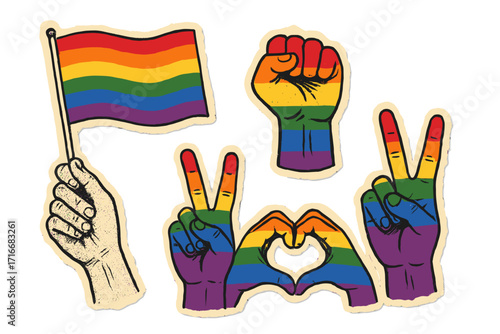 LGBT Pride Month collage elements set. Vintage halftone hands with rainbow flag gestures. Love heart, peace sign, raised fist. Gay rights, equality, freedom concept vector.