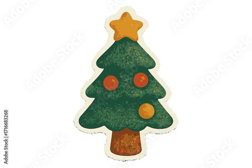 Christmas tree torn paper sticker in naive collage style. Vector vintage clay toy illustration. Xmas fir tree for holiday celebration design with a transparent background.
