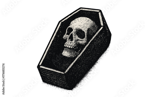 Vintage skull in open coffin vector illustration. Halftone dotted texture. Retro grunge 90s style. Macabre death symbol for Halloween. Gothic horror skeleton head clipart.