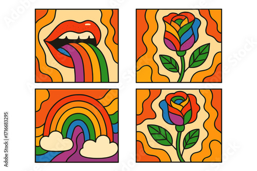 Set of Pride Month posters in retro groovy 70s style. Vector art collection for LGBT concepts with rainbow, rose, and lips. Illustrations for gay pride, love, and human rights.