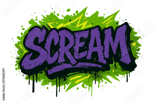 Scream graffiti lettering. Grunge urban street art with spray paint effect. Punk rock retro slogan for print and poster design. Cyberpunk artwork for t-shirts. 80s 90s.