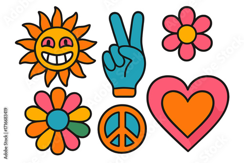Psychedelic symbols set. Weird abstract funny elements for surreal trip. 70s and 80s trendy signs in acidic bright colors. Flower power, peace hand sign and heart. Flat hand drawn vector.