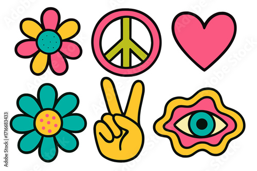 Psychedelic symbols set with groovy retro elements. Hippie power collection from the 60s and 70s. Abstract doodle icons: peace sign, flower, heart, victory hand, and surreal eye.