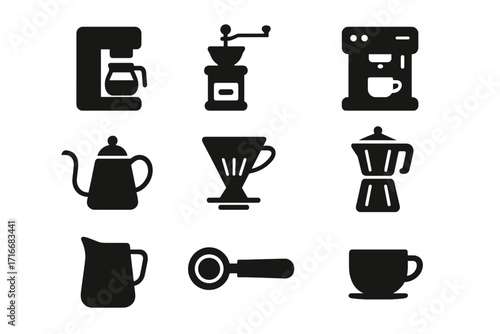 Coffee equipment icons set. Barista tools collection. Vector silhouette glyphs for coffee brewing. Symbols for cafe, espresso, drip, pour over, moka pot, grinder, kettle.