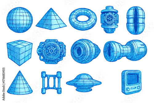 Wireframe 3D geometric shapes set with holograms and futuristic mechanical engine blueprints, retro futuristic cyberpunk forms in perspective, frontal view, detailed technical design