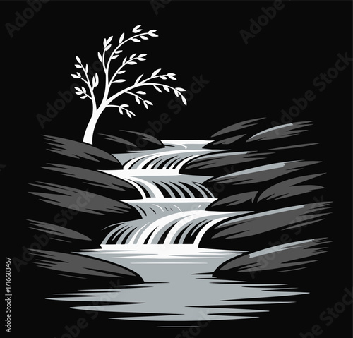 Scenic Waterfall Illustration Vector Art Isolated with Tree and Rocks Landscape View