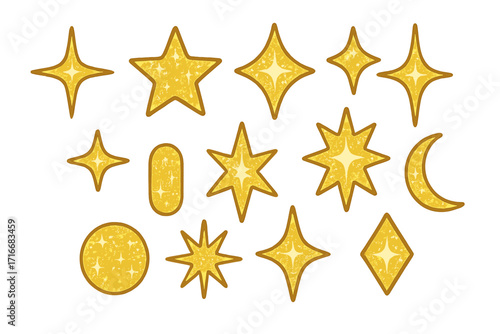 Y2K Glittering Star and Sparkle Bling Abstract Shape Set, Golden Sparkling Minimal Geometric Signs and Retro 2000s Style Symbols, New Year Holiday Aesthetic Elements
