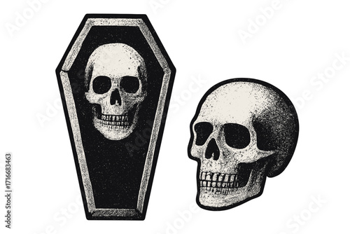Vintage skull in coffin illustration. Halftone dotwork horror clipart for Halloween. Grunge 90s style human skeleton head. Macabre gothic death symbol, spooky funeral vector.