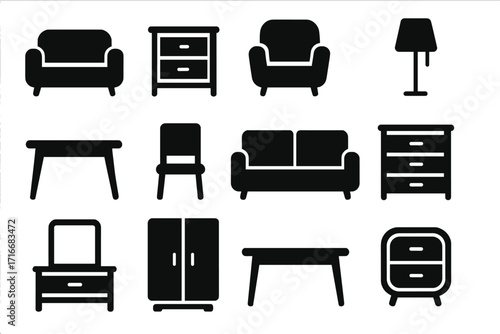 Furniture icon set. Minimalist black silhouette vector for interior design. Home furnishing graphic elements. Sofa, chair, table, lamp, dresser, wardrobe glyphs. Modern objects.