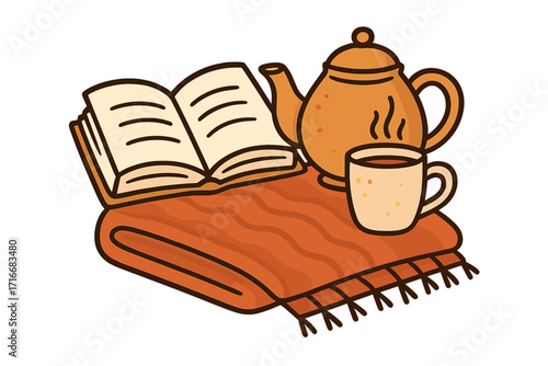 Cozy reading time with an open book, hot tea from a teapot, and a warm blanket. Hygge lifestyle concept for relaxation, self-care, and slow living. Vector illustration.