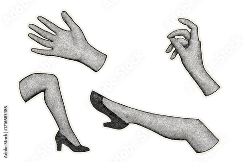 Halftone collage elements set. Female hands and legs with heels in vintage punk cutout style. Retro dotwork vector illustration for trendy zine or magazine design.