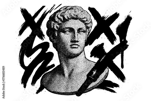 Halftone antique statue in punk grunge graffiti style. Modern urban collage poster. Rebel protest art concept. Spray paint brush strokes. Dotted Greek sculpture. Vandalism art.
