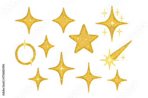 Y2K glittering star sparkle bling abstract shapes set, golden sparkling minimal geometric signs and symbols, trendy retro 2000s style, new year festive aesthetic, isolated elements