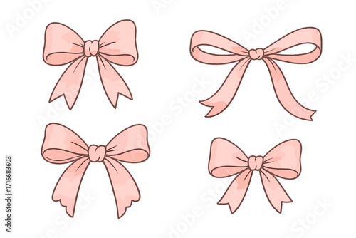 Set of coquette pink bows. Girly gift ribbons with elegant knots. Trendy hand drawn watercolor hair accessories. Balletcore aesthetic for gift wrapping or party decoration.