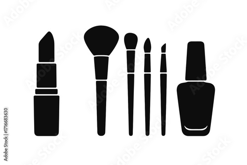 Makeup icon collection. Vector silhouette set of lipstick, powder brush, eyeshadow brushes, nail polish. Beauty salon and cosmetics graphic elements isolated on white background.