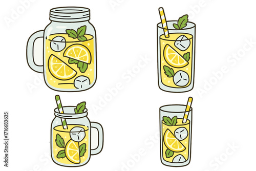 Lemonade vector set. Cute cartoon doodle illustration of refreshing summer citrus drink. Cold beverage in mason jar and glass with lemon slices, mint leaves, and ice cubes.
