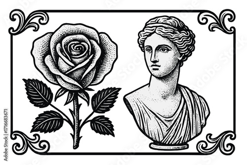 Engraved Valentine's day vector with rose and antique statue. Classic Greek goddess bust and flower in ornamental frame. Halftone art for romantic t-shirt print or poster.