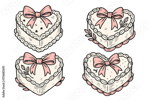 Coquette heart shaped cakes set. Vector hand drawn illustration in retro sketch style. Cute vintage dessert with pink bow for birthday, wedding, or Valentine's Day clipart.