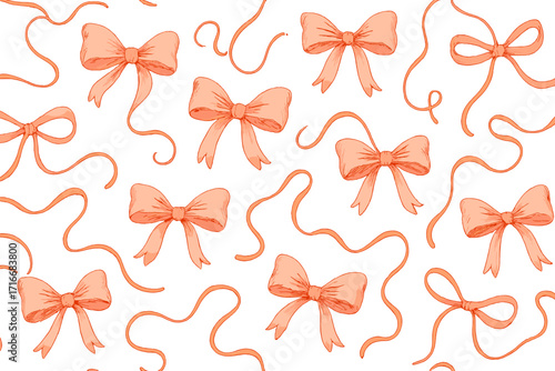 Coquette aesthetic seamless pattern with pink ribbons and bows. Girly vintage vector background for Valentine's day. Retro romantic cartoon fabric print illustration.