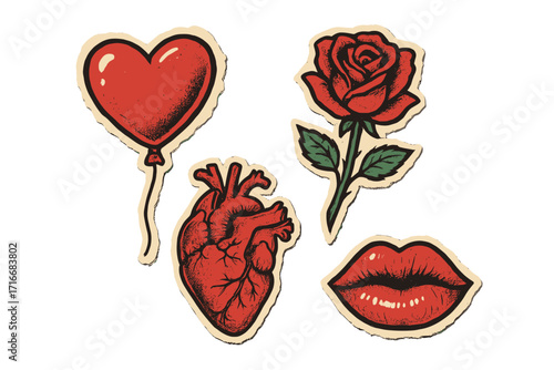 Y2K grunge Valentine’s Day sticker set with heart balloon, rose, anatomic heart, and lips. Retro torn paper vintage style collage for romantic love and relationship decor