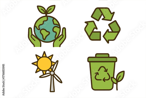 Eco-friendly icon set. Sustainability, renewable energy, and zero waste concepts. Green vector illustrations for conservation, Earth Day, and environmental protection.