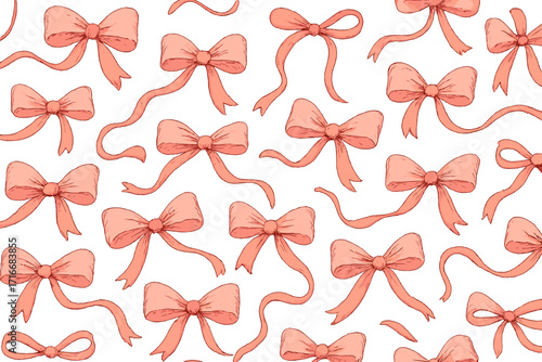 Coquette aesthetic seamless pattern with hand-drawn pink bows. Girly vintage background with romantic ribbons. Vector illustration for Valentine's Day, fabric, or gift wrap.