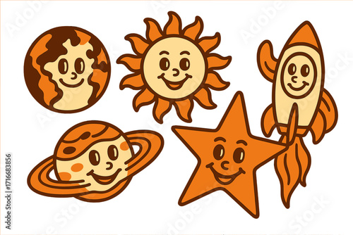 Retro groovy space characters set. Funny smiling faces of Earth, Sun, Saturn, star, and rocket mascots. Vintage 70s comic cartoon style for cosmic prints and stickers.