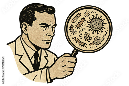 Scientist with magnifying glass analyzing microbes. Man looking at bacteria, germs, virus. Biology, microbiology research concept. Retro vector illustration for science and medical.
