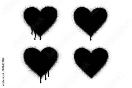Set of black graffiti spray paint hearts on a white background. Vector love symbols with paint drips and texture. Street art stencil style icon for graphic design.